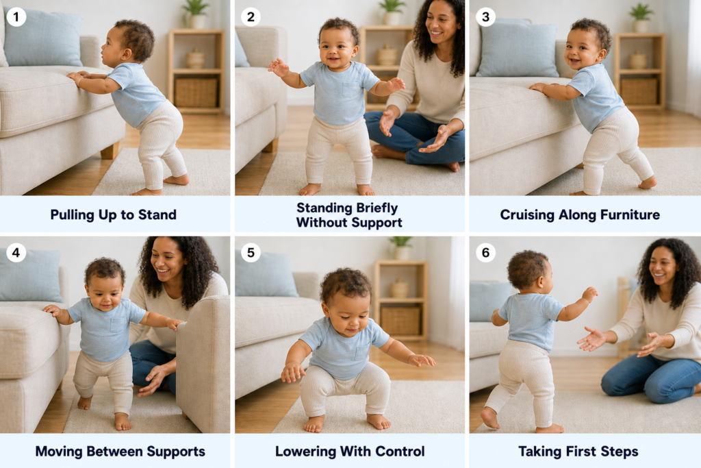 Six signs a baby may walk soon: pulling to stand, standing briefly, cruising, moving between supports, lowering with control and taking first steps
